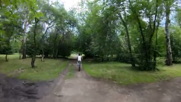 In bicicletta nel parco. Ragazza in bicicletta su un sentiero nel bosco — Video Stock