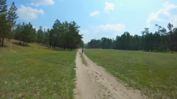 El dron vuela a lo largo de la carretera del campo, pasando a la chica que camina y se levanta — Vídeo de stock