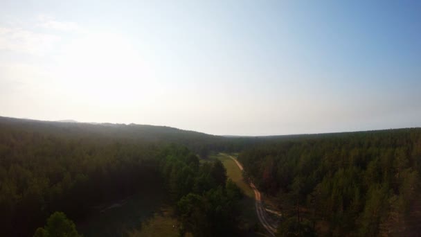 Drone flyger ner över skogen, gläntan och landsvägen vid solnedgången — Stockvideo