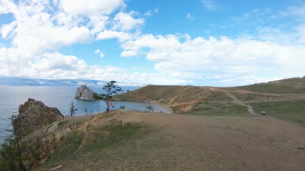 Cape Burkhan lake Baikal Olkhon island. Aerial shot — Stock Video