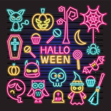 Cadılar Bayramı öğesi Neon vektör seti. Parti davetiye veya afiş için kullanılabilir.