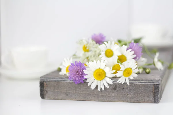 Papatya ve beyaz bir masaya diğer çiçek.