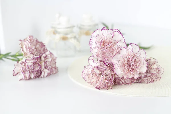 Beyaz melek üstünde okul sırası. Beyaz masa üzerinde güzel pembe çiçekler.