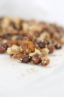 Fındık ürün yelpazesine. Kaju fıstığı, fındık, ceviz, tohumlar. Gıda mix arka plan.