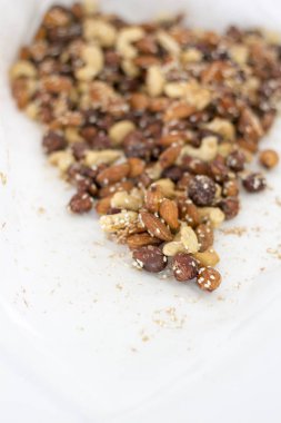 Fındık ürün yelpazesine. Kaju fıstığı, fındık, ceviz, tohumlar. Gıda mix arka plan.