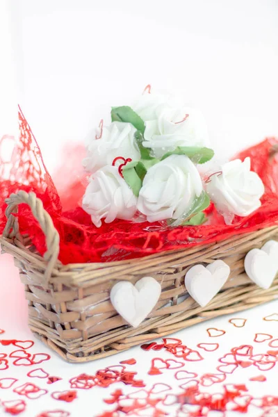 Roses Hearts White Background Valentines Day Background Wedding Day — Stock Photo, Image