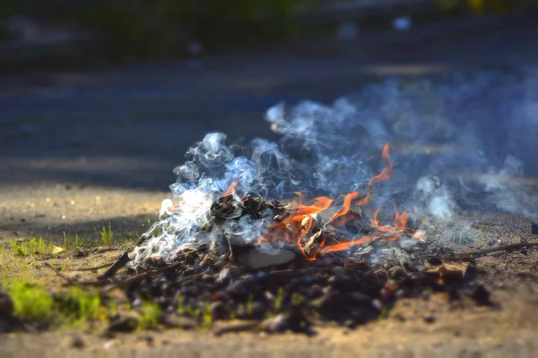 Small Fire Asphalt Lighting Bonfires — Stock Photo, Image