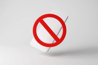 Tek renk ve minimalizmde beyaz arka planda kırmızı bir yasaklama işaretinin arkasında beyaz cep telefonu. Okullarda cep telefonu yasaklama kavramının yansıması
