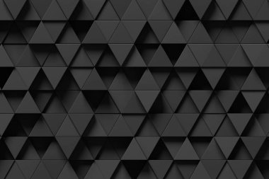Farklı derinliklerdeki siyah eşkenar üçgenler koyu bir zemin oluşturuyor. Slayt gösterisi sunumu ve web sayfası tasarımı için bir duvar kağıdı olarak illüstrasyon