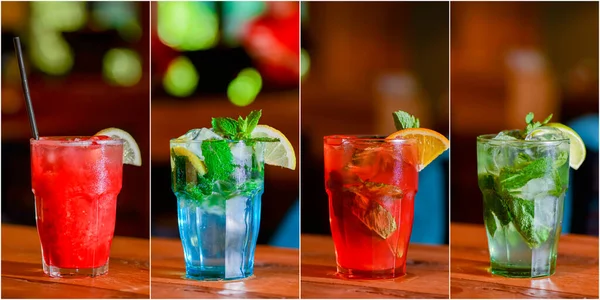 Cocktailbanner over wazige achtergrond. Verzameling van verschillende beelden van alcohol geïsoleerd. Alcoholdranken collage. — Stockfoto