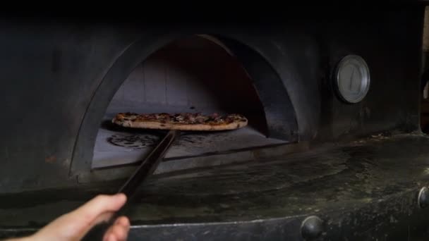 Italiaanse pizza Amatriciana wordt gekookt in de oven, restaurant chef-kok haalt pizza uit hout gestookte oven in restaurant. — Stockvideo