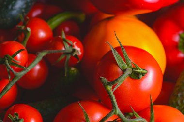 Fresh bio vegetable in a wooden box. Organic raw vegetables, tomatoes, cucumbers, sweet pepper.
