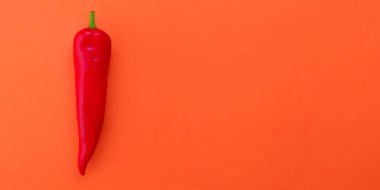 Kırmızı kırmızı biberlerin düz manzarası vardı. Yemek arkaplanı. Uzayı kopyala Parlak kırmızı turuncu arka plan. Tasarım pankartı.