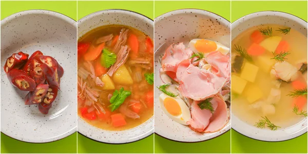 Collage de comida. Banner de diseño web. Diferentes deliciosas ensaladas de verduras y frutas, carne, sopa. Fondo de color vibrante . — Foto de Stock