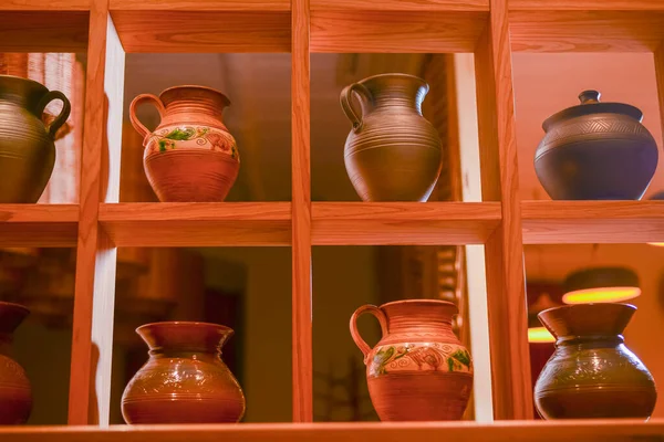 Clay Jugs Old Ceramic Vases Shelf Beautiful Hand Made Jugs — Stock Photo, Image