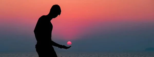 Young Man Pool Enjoying Sunset Human Silhouette Setting Sun Balance — Stock Photo, Image