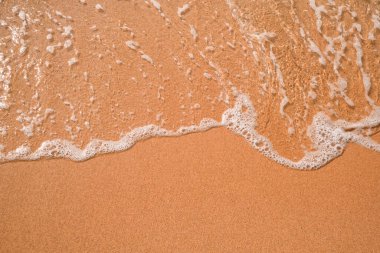Beyaz köpük deniz dalgası, altın kum plajı, turkuaz okyanus suyu, yaz tatili sınır çerçevesi konsepti. Turist seyahat afişi tasarım şablonu, kopyalama alanı.
