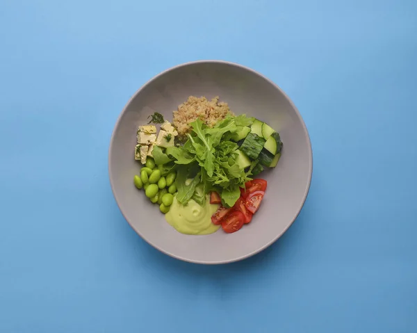 野菜サラダ チーズ入りのヘルシーな野菜サラダ 健康的な食事のコンセプトは おいしいディナー パステルブルーの背景にグレーのプレートで提供 — ストック写真
