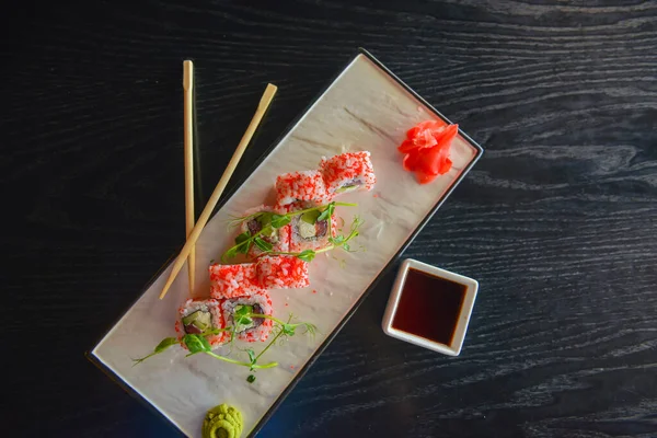 Salmon Caviar Sushi Rolls Served Traditional Plate Wooden Table Restaurant — Stock Photo, Image