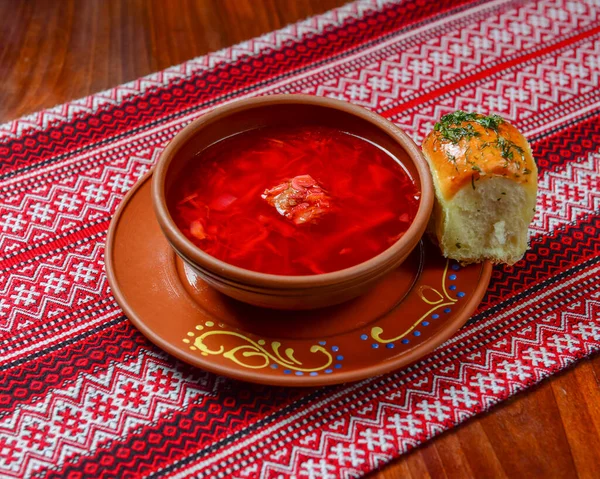 Ukrainian Traditional Borsch Russian Vegetarian Red Soup Ceramic Bowl Rustic — Stock Photo, Image