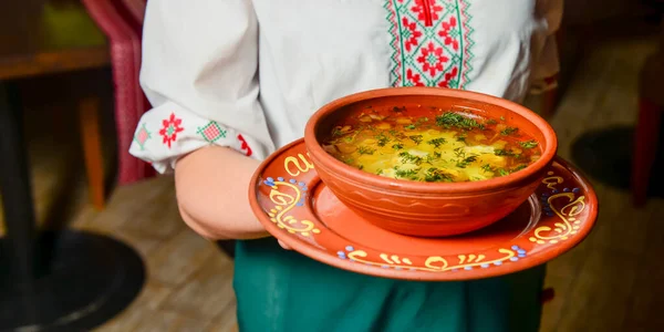 Традиционный Украинский Куриный Суп Мяса Овощей Украинская Кухня Здоровый Зеленый — стоковое фото