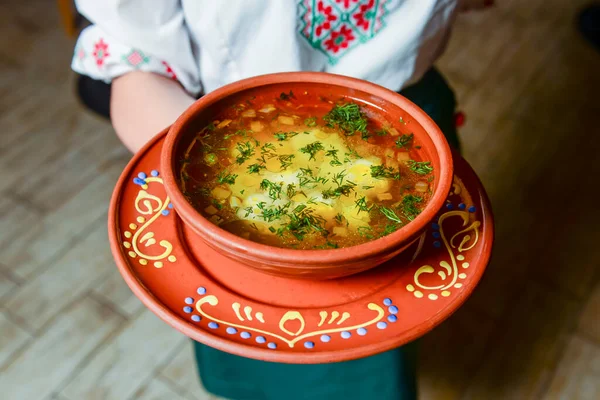 Традиционный Украинский Куриный Суп Мяса Овощей Украинская Кухня Здоровый Зеленый — стоковое фото
