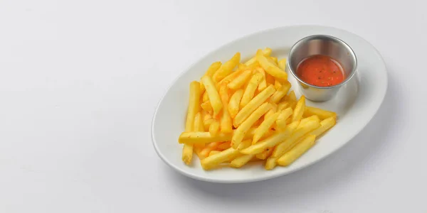 Eine Portion Pommes Mit Tomatensauce Fast Food Junk Food Konzept — Stockfoto