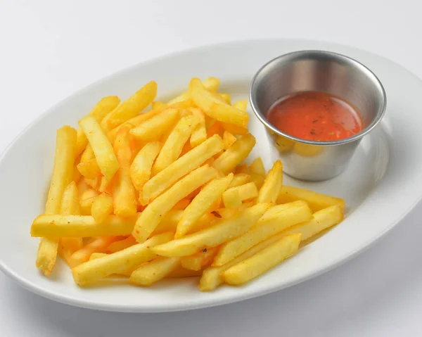 Eine Portion Pommes Mit Tomatensauce Fast Food Junk Food Konzept — Stockfoto