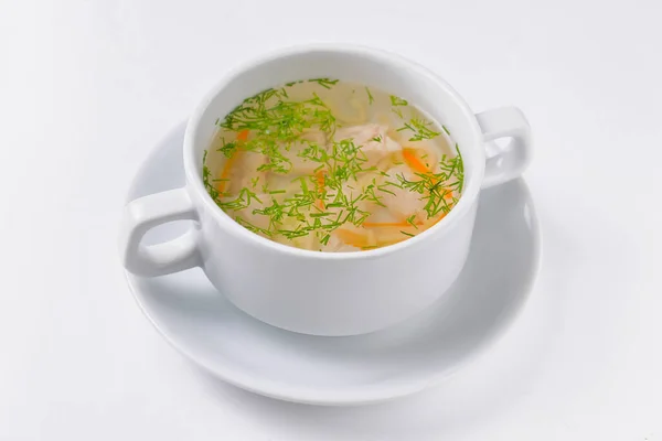 Uma Foto Uma Tigela Sopa Frango Tradicional Servida Uma Tigela — Fotografia de Stock
