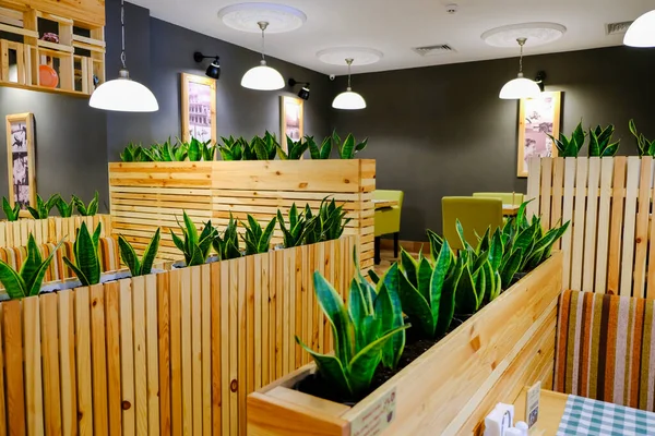 Cafe interior with wooden furniture, lighting equipment and decoration. A lot of greenery, flowers. Interior design of a cafe.