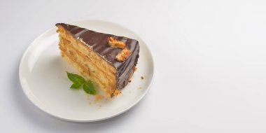 Beyaz arka planda beyaz bir tabakta servis edilen naneli ve çikolatalı pasta. Çay ya da kahve saati için bir parça çikolatalı kek. Tatlı nefis..