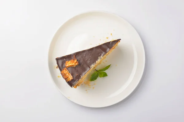 Caramel Chocolate Cake Mint Served White Plate White Background Piece — Stock Photo, Image