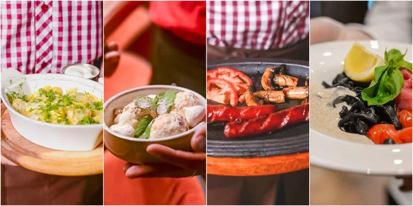 Healthy and delicious dinner food collage. Several photos of different meals. Close up of meat dishes, salad, dumplings. Banner, collage.