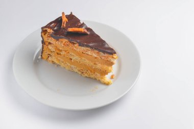 Beyaz izole edilmiş arka planda kremalı vanilyalı ve çikolatalı kek. Beyaz tabakta servis edilmiş. Çay ya da kahve için lezzetli bir tatlı..