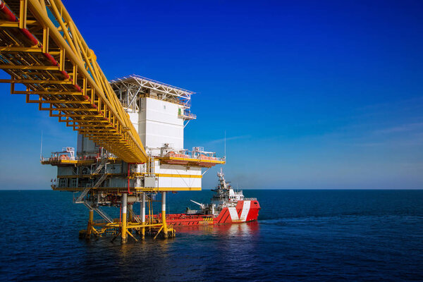 Offshore construction platform for production oil and gas, Oil and gas industry and hard work, Production platform and operation process by manual and auto function