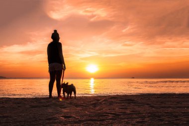Altın gün batımı arka planında sevimli köpeğiyle sahilde bir kadın.