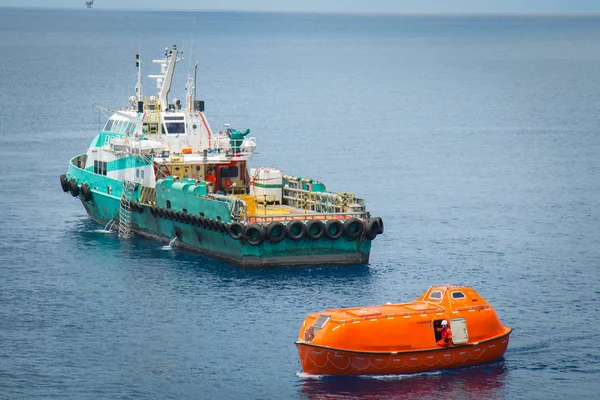 Life Boat Rescue Boat Oil Gas Platform Duering Test Preventive Stock Photo