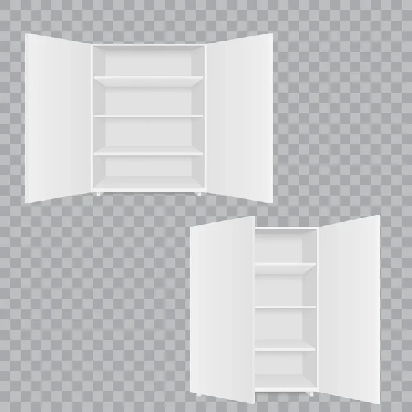 Exhibición de vitrinas vacías con los estantes al por menor. Vista frontal. Burla vectorial hasta . — Archivo Imágenes Vectoriales