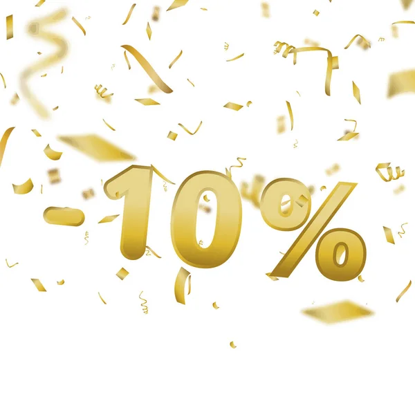 Verkoop banner kaart met 10 procent en goud confetti. Vector. — Stockvector