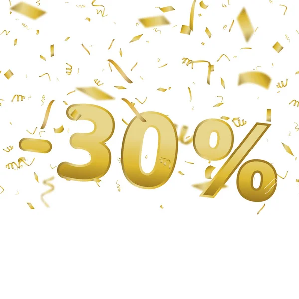 Verkoop banner kaart met 30 procent en goud confetti. Vector. — Stockvector