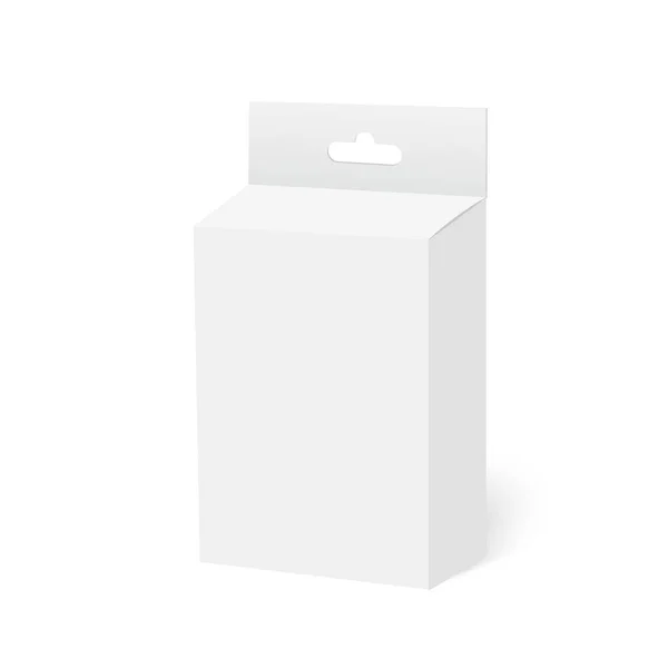 Scatola bianca del pacchetto del prodotto con la scanalatura dell'attaccatura. Finto. Vettore. — Vettoriale Stock