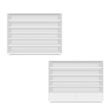 Boş boş dizi göstermek ile perakende raflarında vitrinde. Önden Görünüm. Vektör tasarımlarınız için hazır şablon kadar sahte