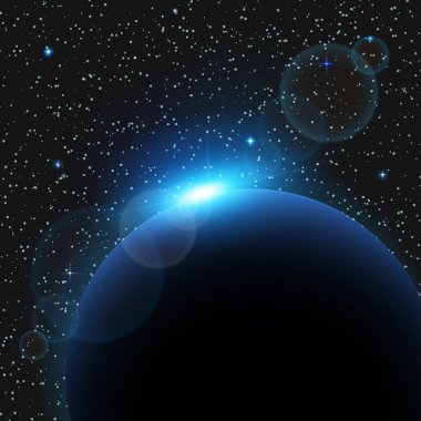 Uzaydan gelen şafak. Uzaydan gelen şafak. Dünya 'nın arkasında yükselen güneş. Vektör arkaplanı.