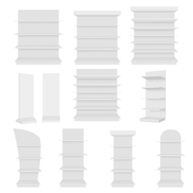 Boş boş dizi göstermek ile perakende raflarında vitrinde. Önden Görünüm. Vektör tasarımlarınız için hazır şablon kadar sahte