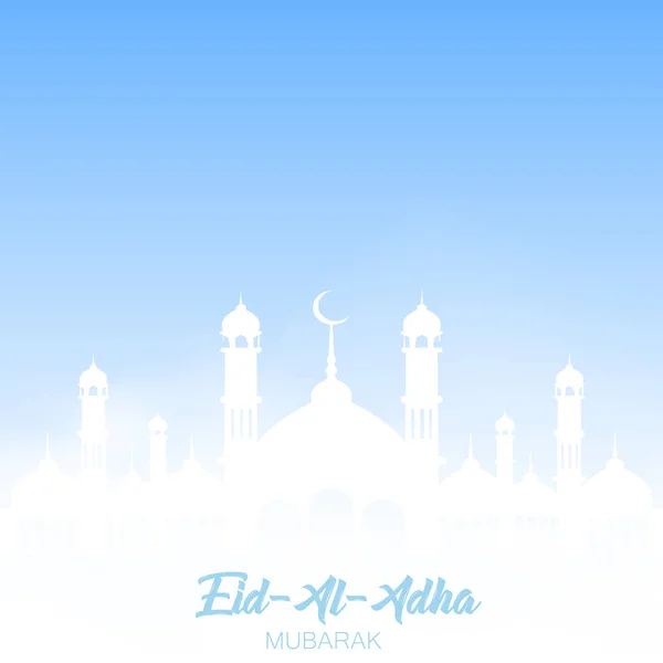 Eid Al Adha Mubarak cartão de saudação com mesquita e nuvens no céu. Vetor — Vetor de Stock