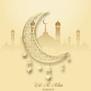 Hilal ve İslam fener ile Eid Al kurban bayramı tebrik kartı. Vektör.