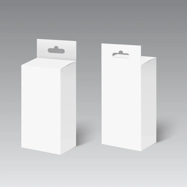 ホワイト製品パッケージボックス付きハングスロット。モックアップ。ベクトル — ストックベクタ