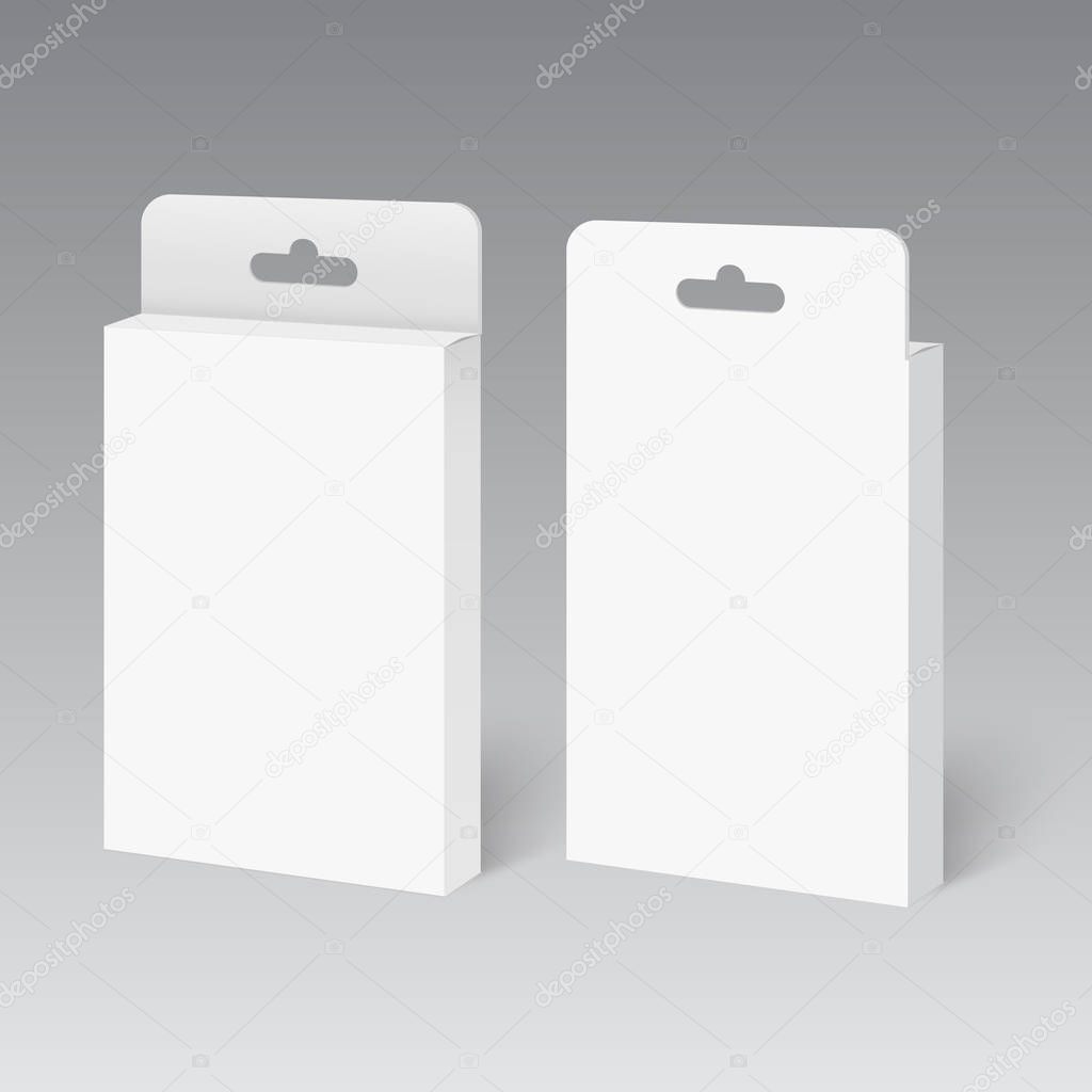 White Product Package Box With Hang Slot. Mock Up. Vector