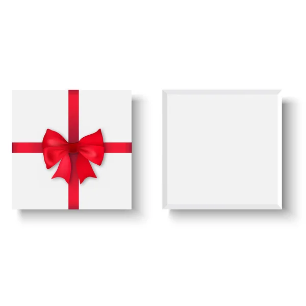 Weißer Geschenkkarton mit roter Schleife. Ansicht von oben. Vektor. — Stockvektor