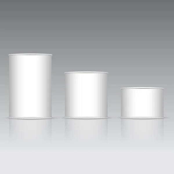 Set de lata blanca y metálica con tapa blanca. burlarse. Vector — Archivo Imágenes Vectoriales